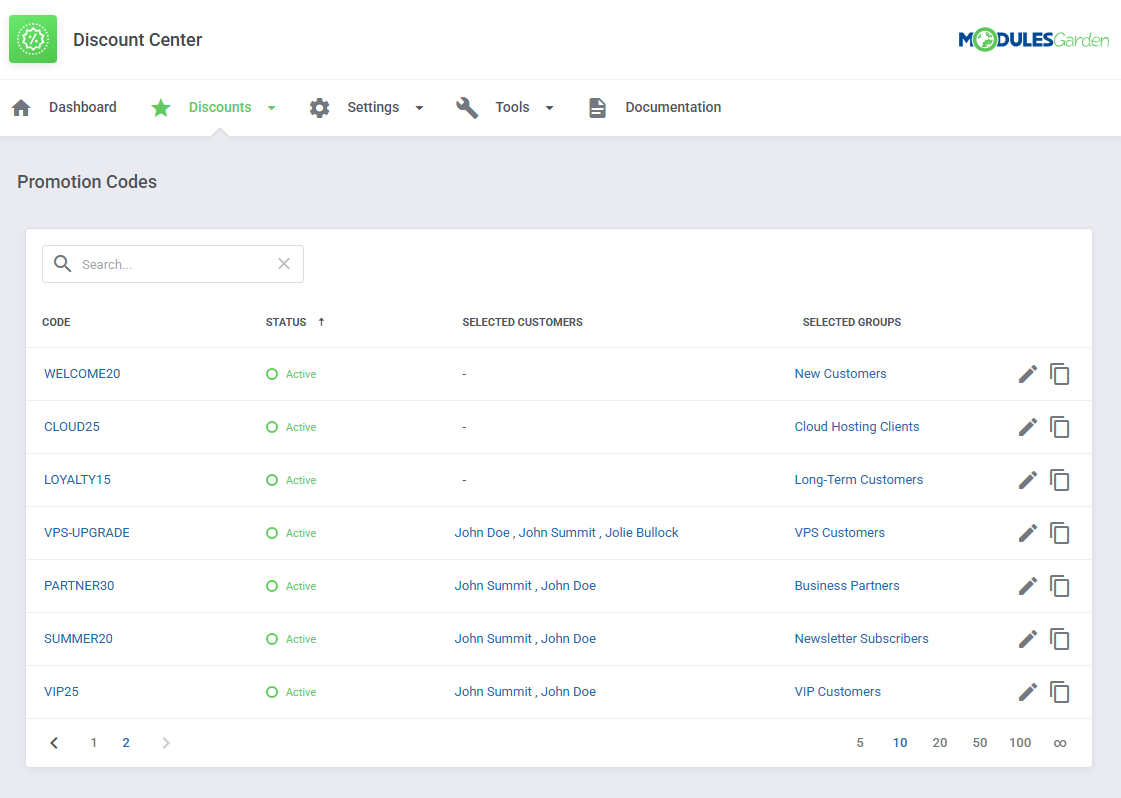 Discount Center For WHMCS: Promotion Codes list with status, selected customers, groups, edit and clone icons