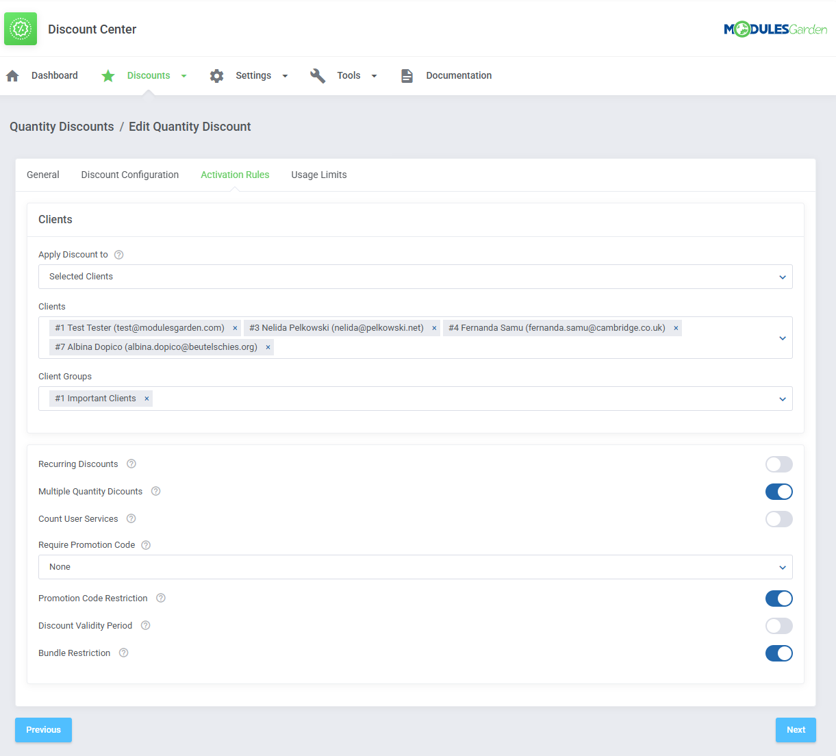 Discount Center For WHMCS: Quantity Discount Activation Rules tab with selected clients, groups and restriction switches