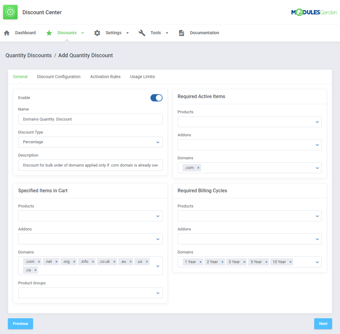 Discount Center For WHMCS: Add Quantity Discount General tab with cart items, active items and billing cycles