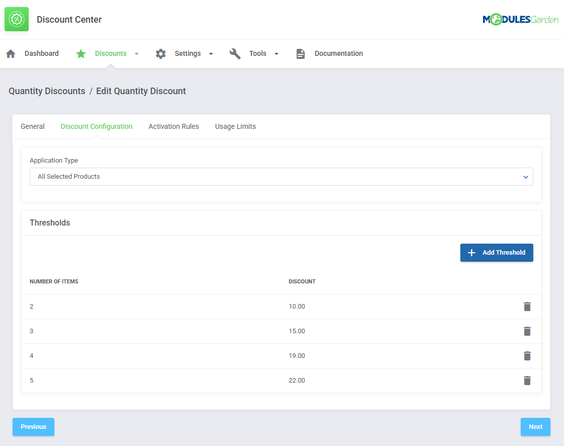 Discount Center For WHMCS: Quantity Discount Discount Configuration tab with application type and a thresholds table