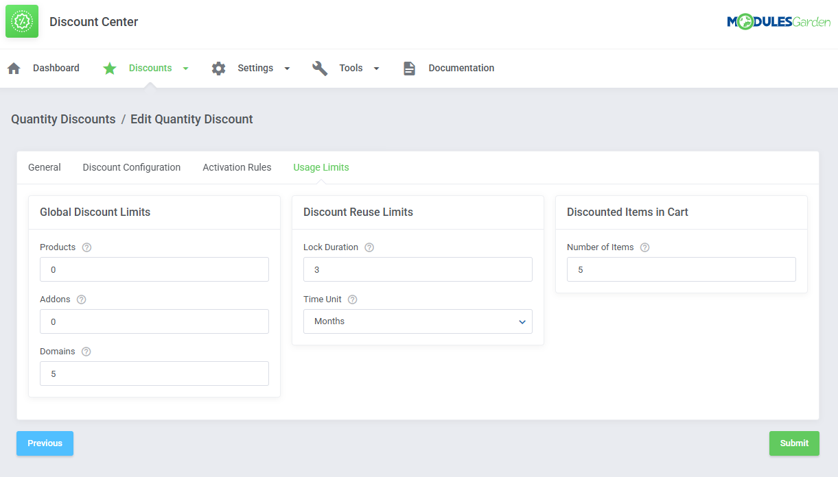 Discount Center For WHMCS: Quantity Discount Usage Limits tab with global limits, lock duration and Submit button