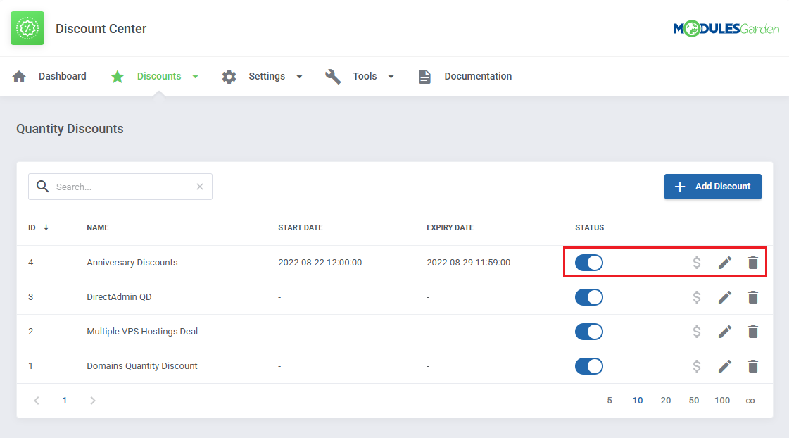 Discount Center For WHMCS: Quantity Discounts list with status switch, price update, edit and delete icons marked