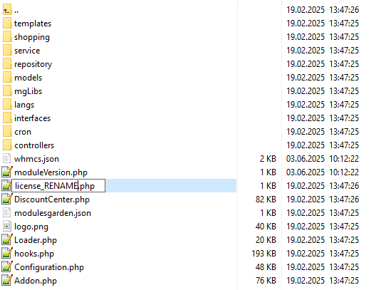 Discount Center For WHMCS: file manager listing of the addon files with licenseRENAME.php being renamed