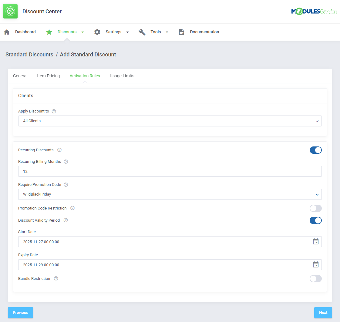 Discount Center For WHMCS: Activation Rules tab with clients, promotion code, validity dates and bundle option