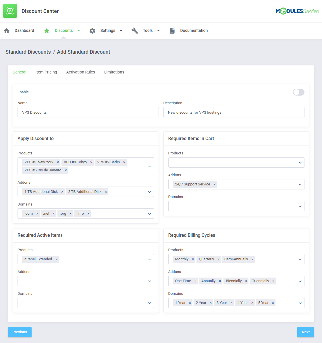 Discount Center For WHMCS: Add Standard Discount General tab with required items and billing cycles filled in