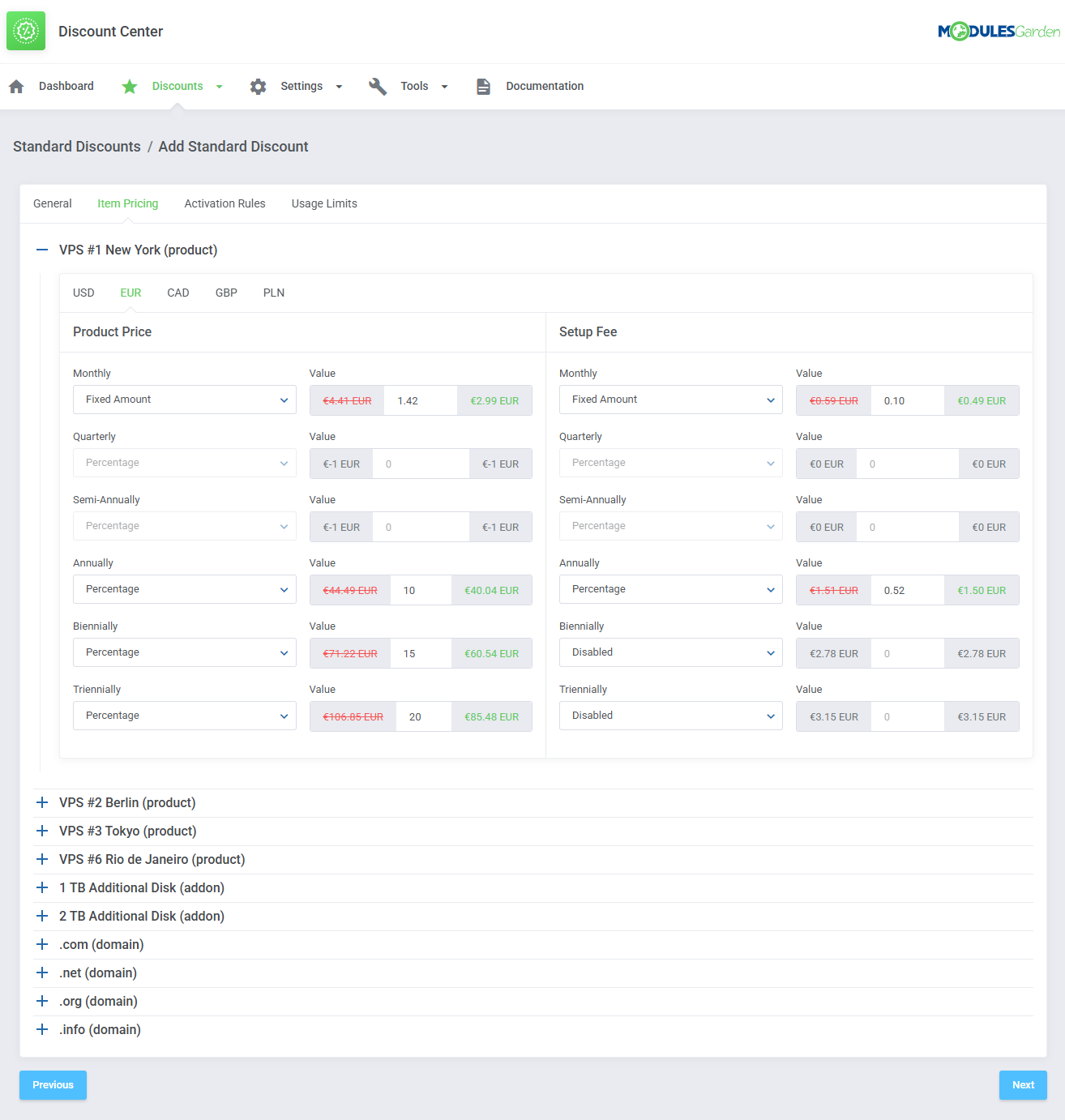Discount Center For WHMCS: Item Pricing tab with fixed and percentage discounts for VPS prices and setup fees