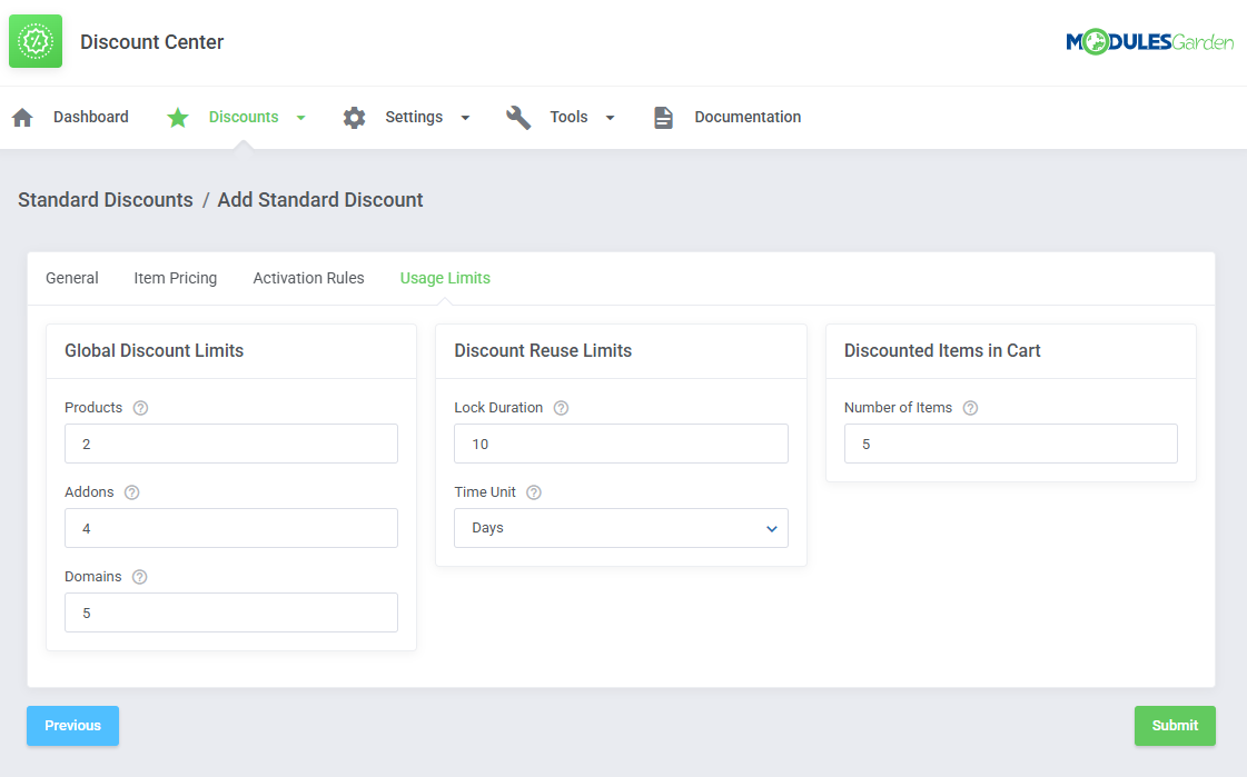 Discount Center For WHMCS: Usage Limits tab with global limits, reuse lock duration and items in cart