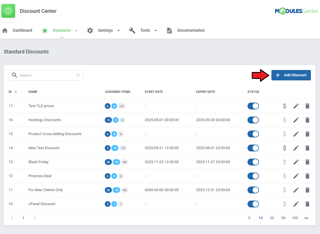 Discount Center For WHMCS: Standard Discounts list in the module with the Add Discount button highlighted