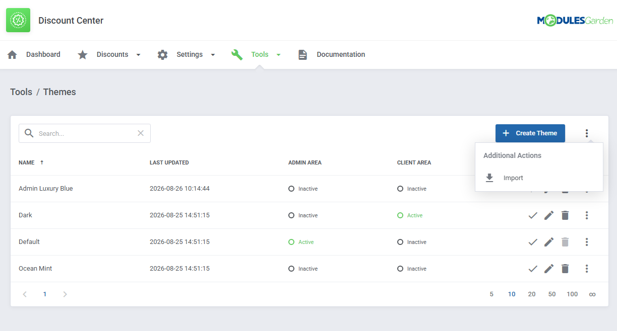 Discount Center For WHMCS: Tools Themes list with admin and client area status and the Import action