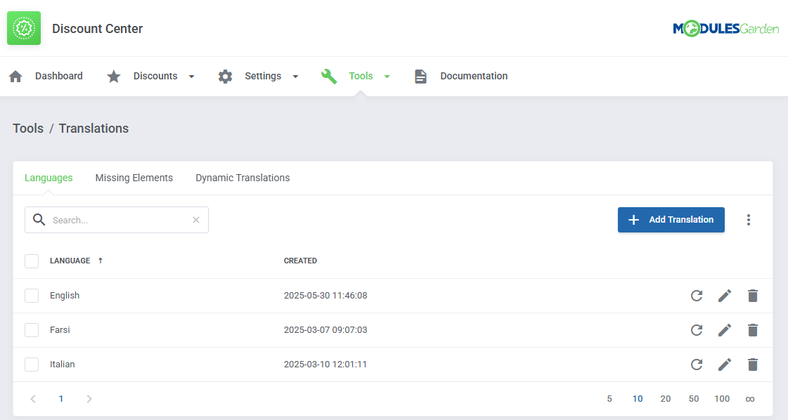 Discount Center For WHMCS: Tools Translations page with the Languages tab and the Add Translation button