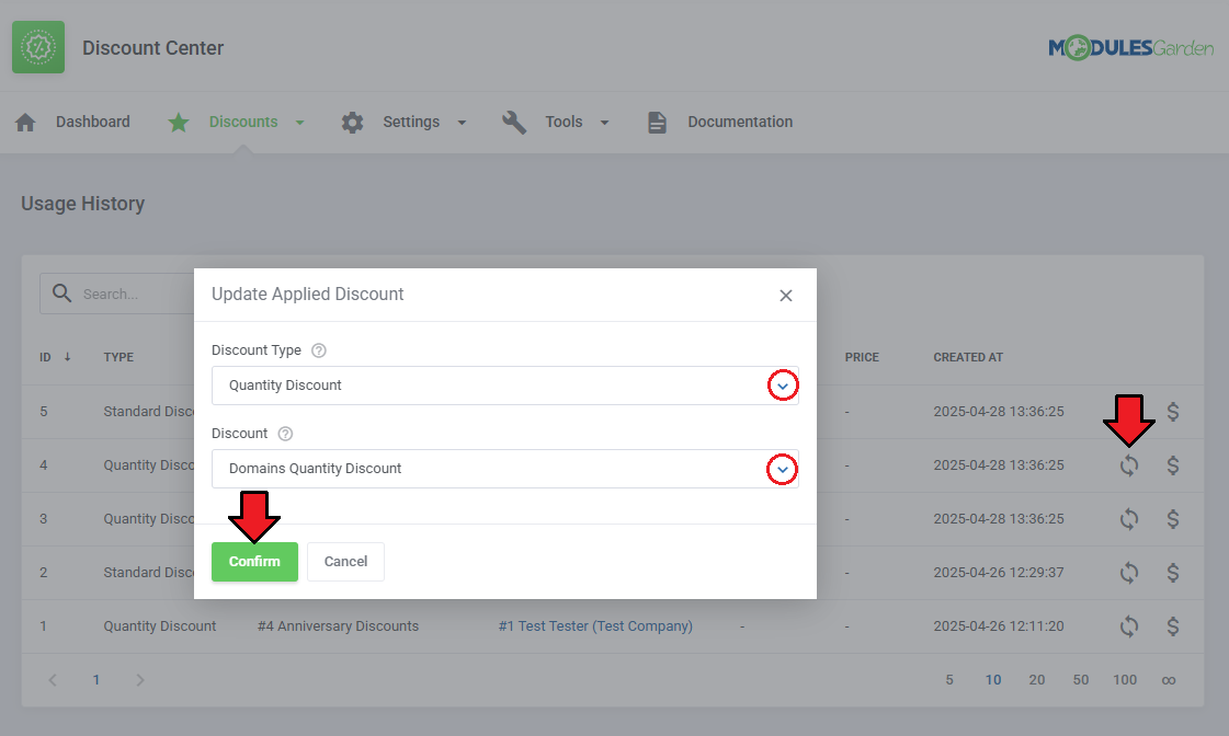 Discount Center For WHMCS: Update Applied Discount dialog with discount type and discount selection