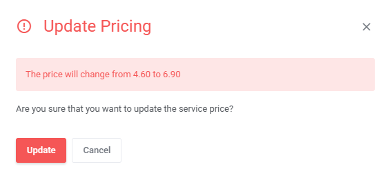 Discount Center For WHMCS: Update Pricing confirmation dialog showing the price change before the update