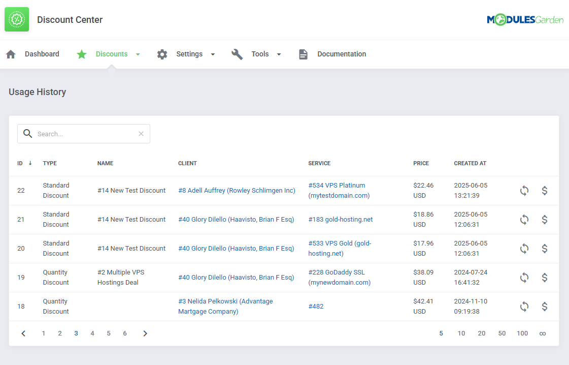 Discount Center For WHMCS: Usage History table with applied discounts and the update and refresh price icons