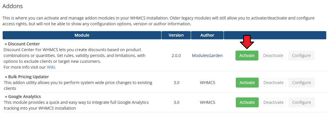 Discount Center For WHMCS: WHMCS Addon Modules list with the Activate button next to Discount Center