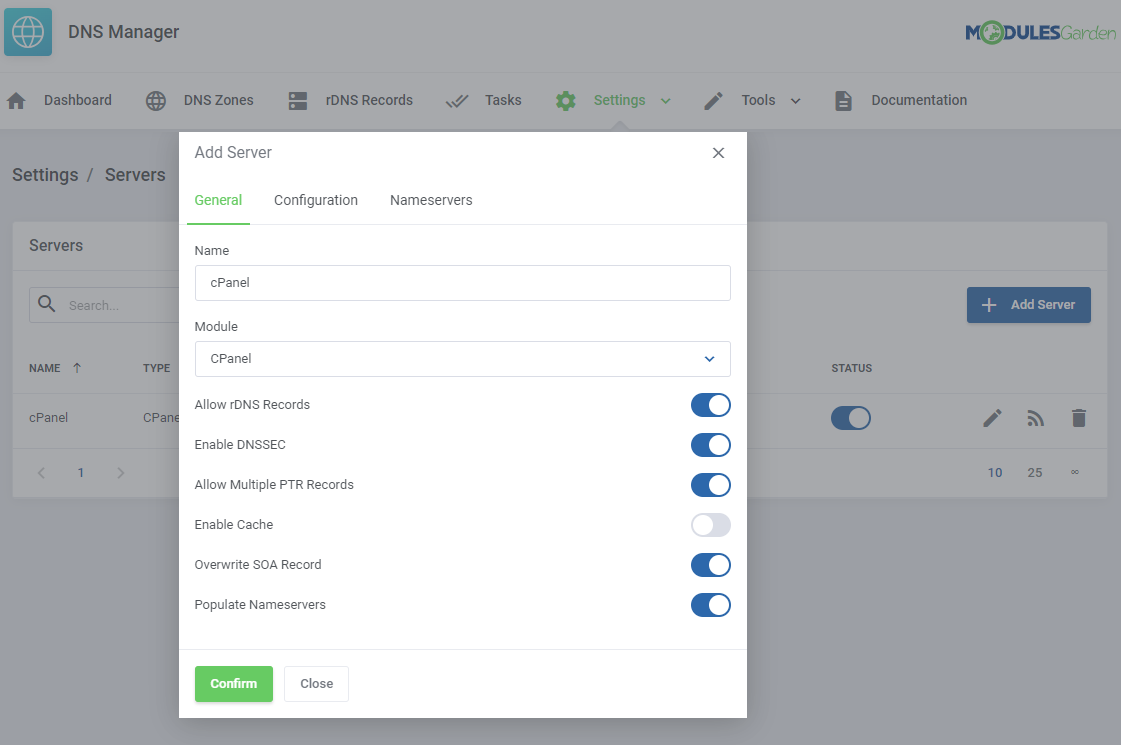 DNS Manager For WHMCS: Add Server dialog with General tab for a cPanel server in the DNS Manager addon Servers settings