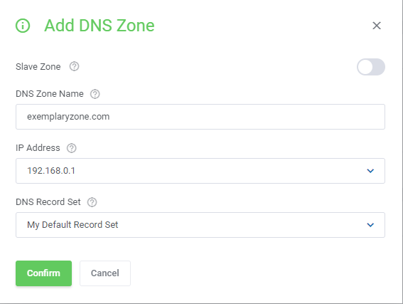 DNS Manager For WHMCS: Add DNS Zone form for a master zone with zone name, IP address and record set