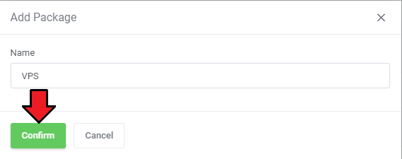 DNS Manager For WHMCS: Add Package dialog with the package name field and the Confirm button