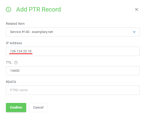DNS Manager For WHMCS: Add PTR Record dialog with a Related Item list and an editable custom IP address field for rDNS