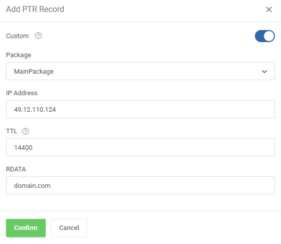 DNS Manager For WHMCS: Add PTR Record dialog with the Custom toggle on and package, IP address, TTL and RDATA fields