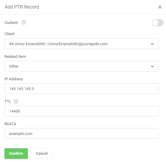 DNS Manager For WHMCS: Add PTR Record dialog with client, related item, IP address, TTL and RDATA fields