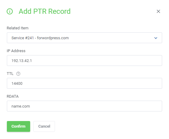 DNS Manager For WHMCS: Add PTR Record dialog with related item, IP address, TTL and RDATA fields