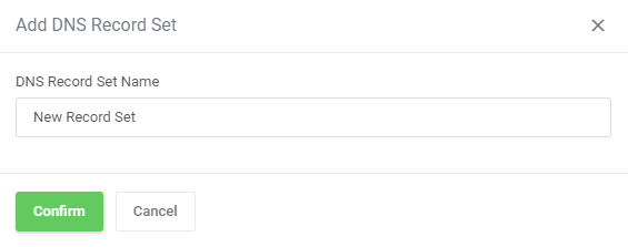 DNS Manager For WHMCS: Add DNS Record Set dialog with the DNS Record Set Name field filled in as New Record Set