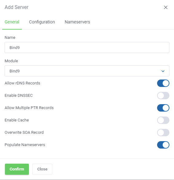 DNS Manager For WHMCS: Add Server dialog General tab with the Bind9 module selected
