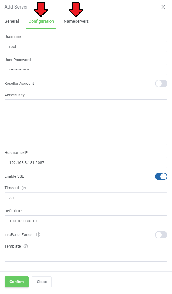 DNS Manager For WHMCS: Add Server dialog Configuration tab for cPanel with the Nameservers tab marked
