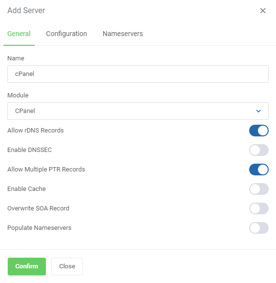 DNS Manager For WHMCS: Add Server dialog General tab for a cPanel server with rDNS, DNSSEC and cache switches