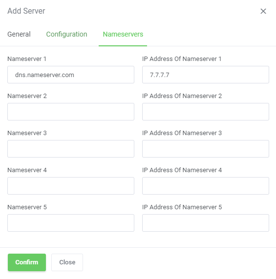 DNS Manager For WHMCS: Add Server dialog Nameservers tab with a nameserver and its IP address filled in