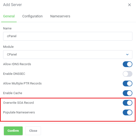 DNS Manager For WHMCS: Add Server dialog with the Overwrite SOA Record and Populate Nameservers switches highlighted