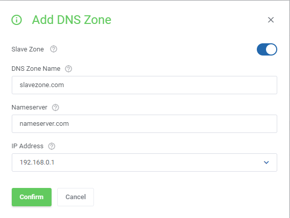 DNS Manager For WHMCS: Add DNS Zone form for a slave zone with zone name, nameserver and IP address