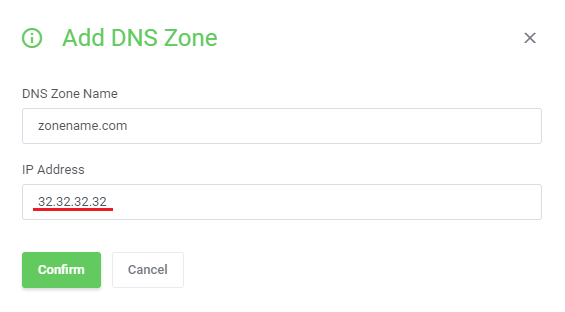 DNS Manager For WHMCS: Add DNS Zone dialog with a zone name and a custom IP address typed into the IP Address field
