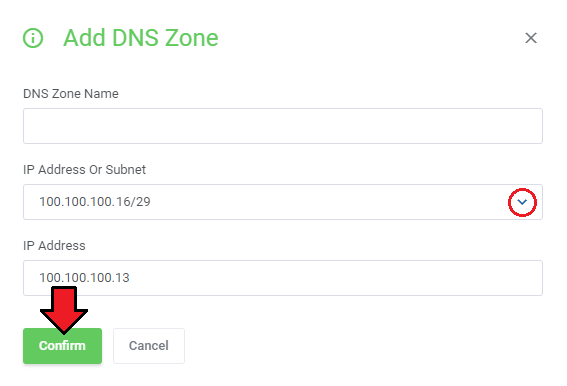 DNS Manager For WHMCS: Add DNS Zone dialog with an IP Address Or Subnet list and an IP address field for a custom subnet
