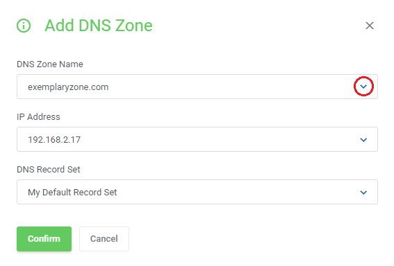DNS Manager For WHMCS: Add DNS Zone dialog with a domain name list opened to exclude already used domains from zone