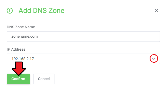 DNS Manager For WHMCS: Add DNS Zone dialog with an IP Address list limited to IP addresses related to the hosting