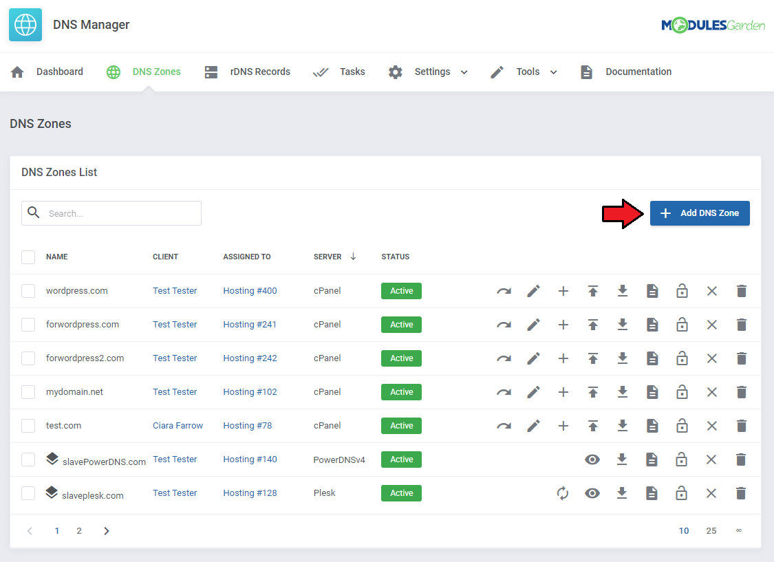 DNS Manager For WHMCS: WHMCS admin area DNS Zones list with the Add DNS Zone button highlighted