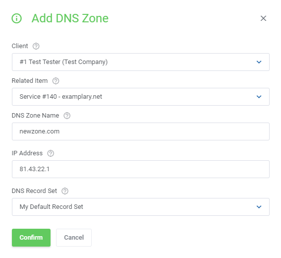 DNS Manager For WHMCS: Add DNS Zone dialog in the admin area with client, related item, zone name, IP address and