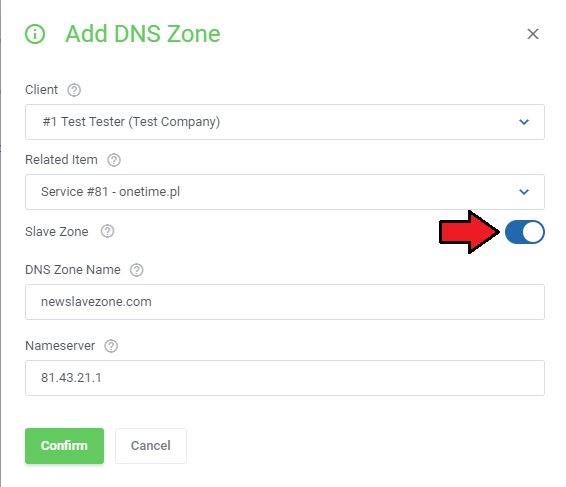 DNS Manager For WHMCS: Add DNS Zone dialog in the admin area with the Slave Zone switch on and a Nameserver field