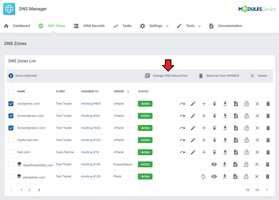 DNS Manager For WHMCS: WHMCS admin area DNS Zones list with three zones selected and Change DNS Record Set highlighted