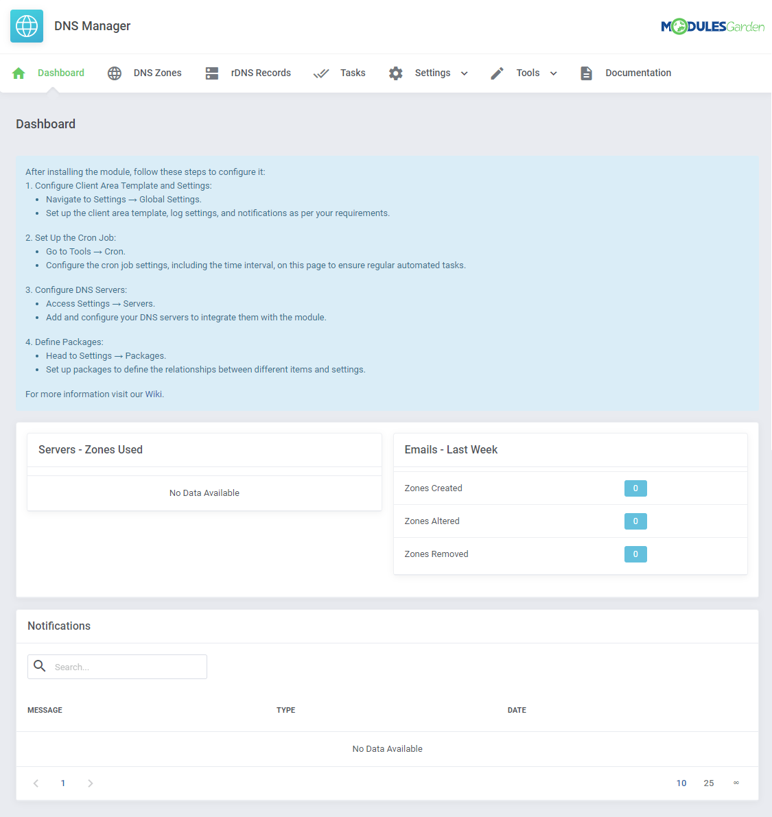 DNS Manager For WHMCS: module Dashboard in the WHMCS admin area with setup steps and the main menu