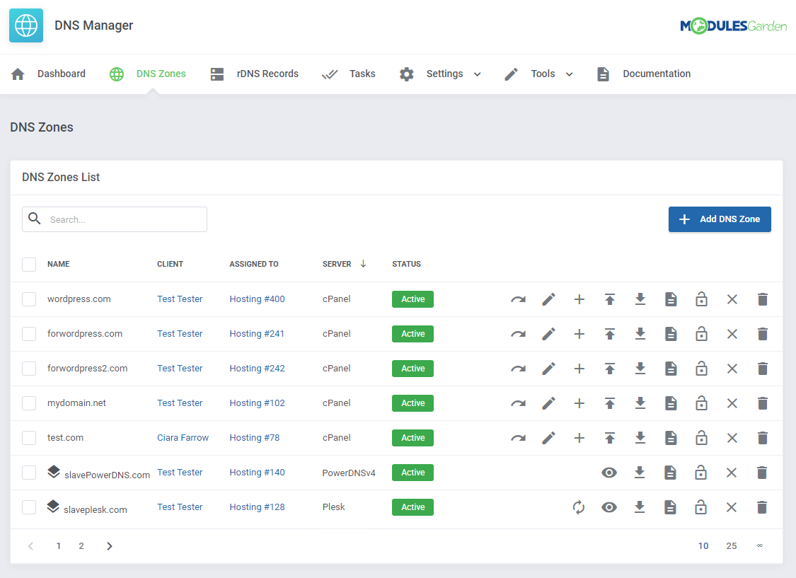 DNS Manager For WHMCS: WHMCS admin area DNS Manager, DNS Zones list with client, assigned item, server and status