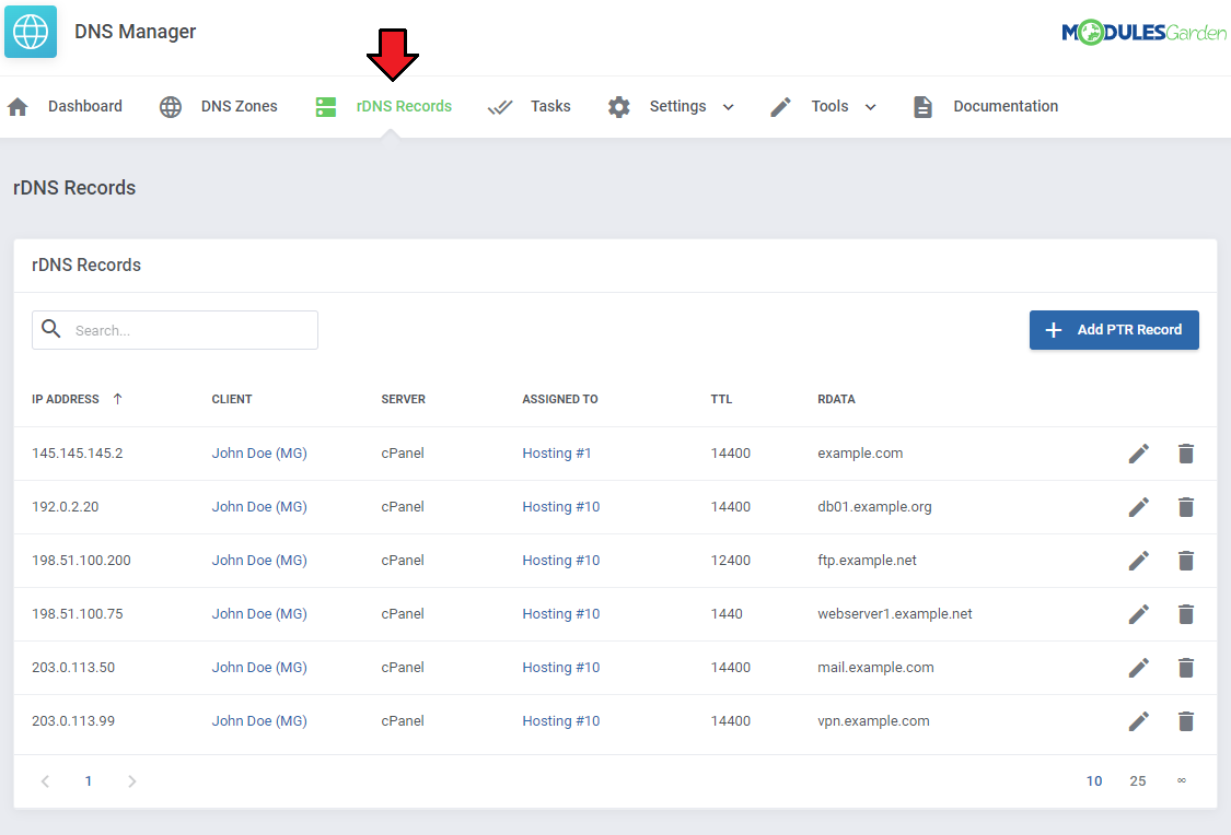 DNS Manager For WHMCS: DNS Manager addon rDNS Records tab listing PTR records with client, server and assigned service
