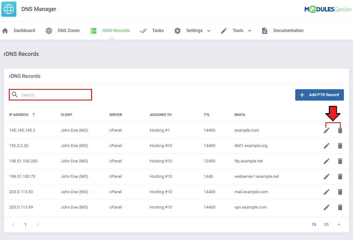 DNS Manager For WHMCS: rDNS Records list in the addon with the search field and edit and delete buttons highlighted
