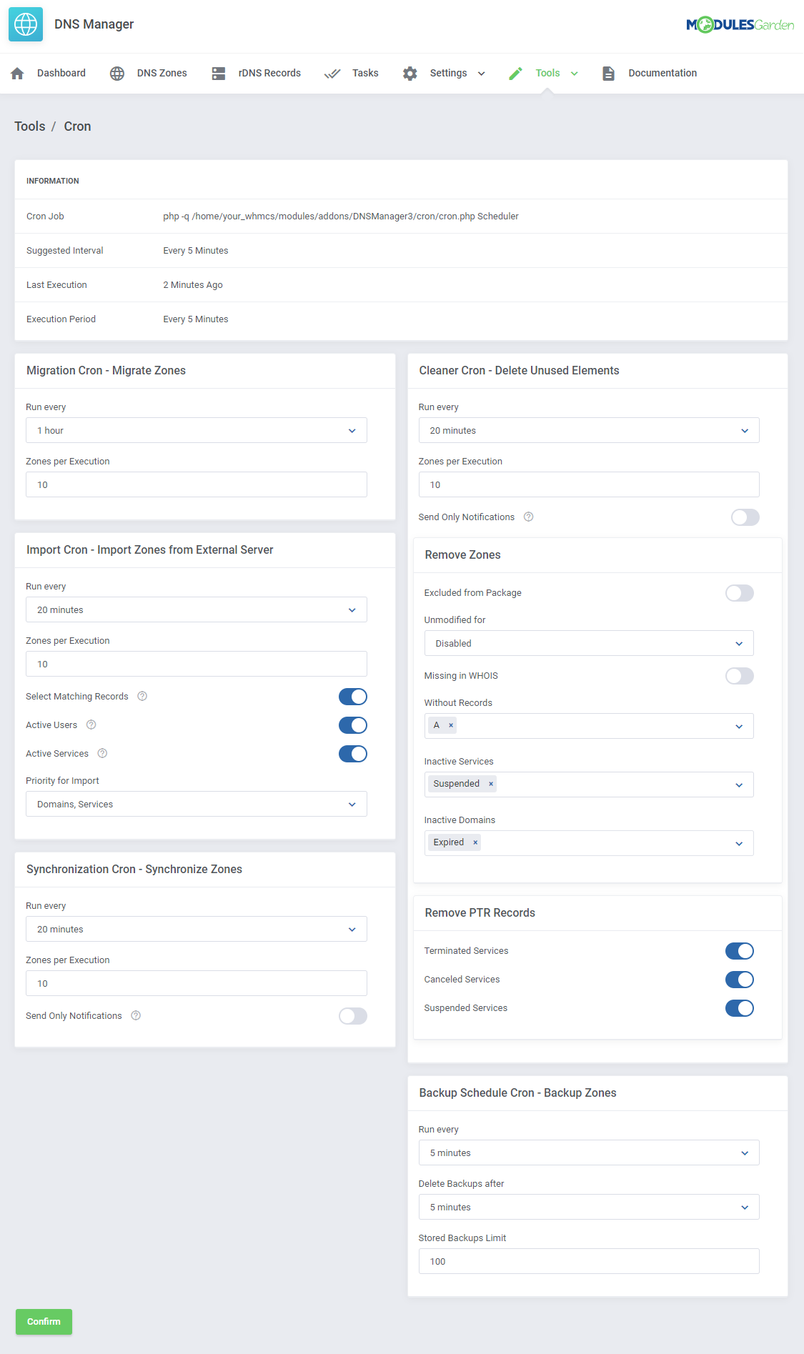 DNS Manager For WHMCS: Tools Cron page with the cron job command and settings boxes for each module cron task