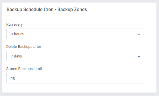 DNS Manager For WHMCS: Backup Schedule cron box with run interval of 3 hours, 7 days retention and stored backups limit