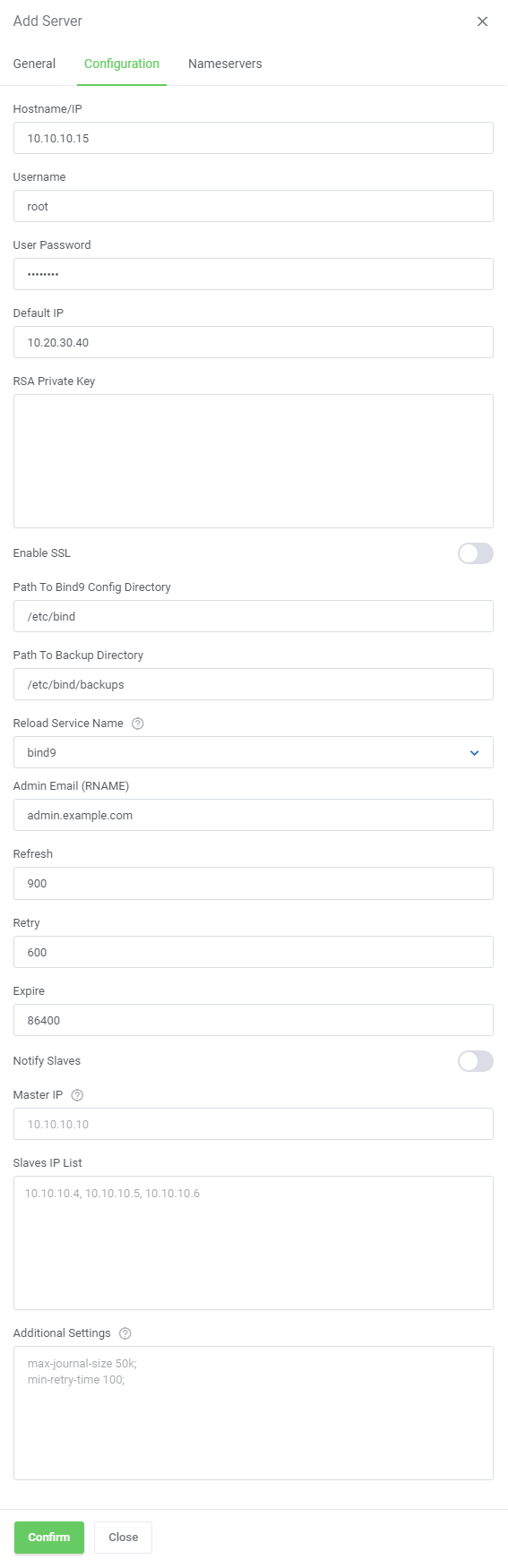 DNS Manager For WHMCS: Add Server dialog Configuration tab for Bind9 with config and backup directory paths