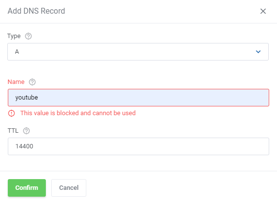 DNS Manager For WHMCS: Add DNS Record dialog showing the error This value is blocked and cannot be used for the name
