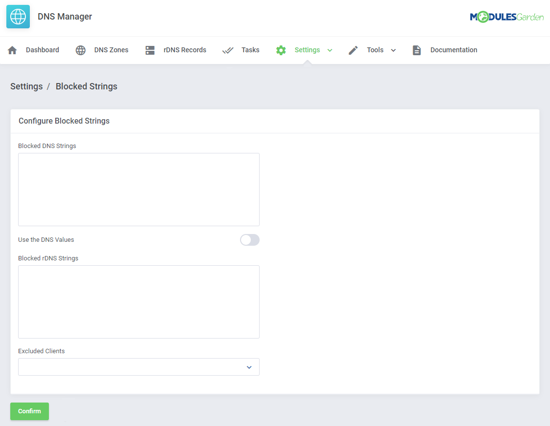 DNS Manager For WHMCS: Blocked Strings page in Settings with empty DNS and rDNS strings fields and the Excluded Clients