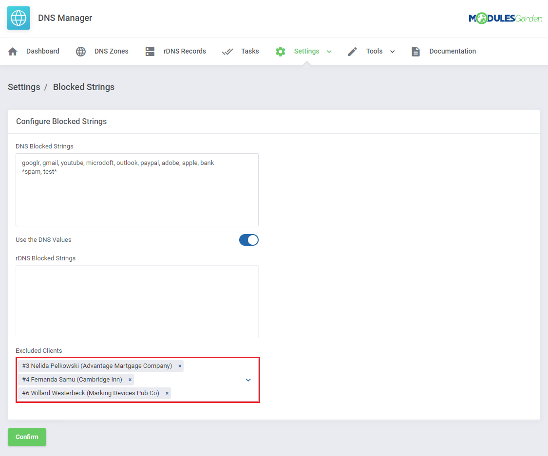 DNS Manager For WHMCS: Blocked Strings page with the Excluded Clients field highlighted and three clients selected